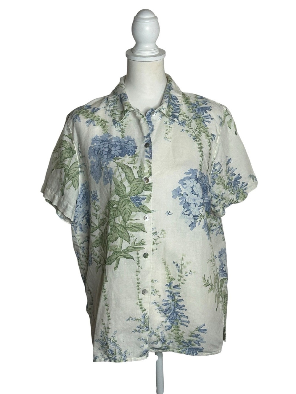 Lemon Grass Vintage Floral Button-Front Blue Green Blouse Sz M Cottagecore EUC
